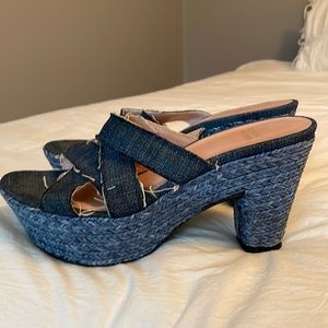 Stuart Weitzman Sliderules Navy Distressed Denim Slide